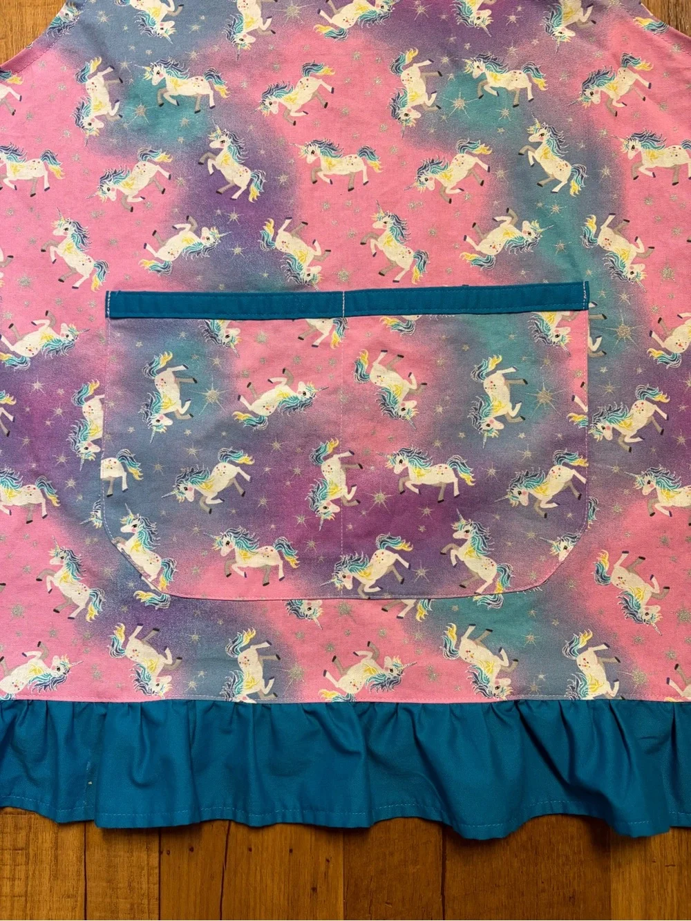 Apron Pink & Teal Unicorn Kids Kitchen Apron with Pocket Fits 5-10 Years EUC